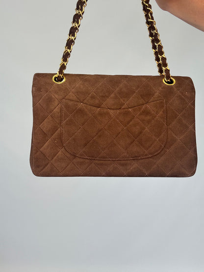 Chanel Brown Quilted Suede Double Flap - Vintage