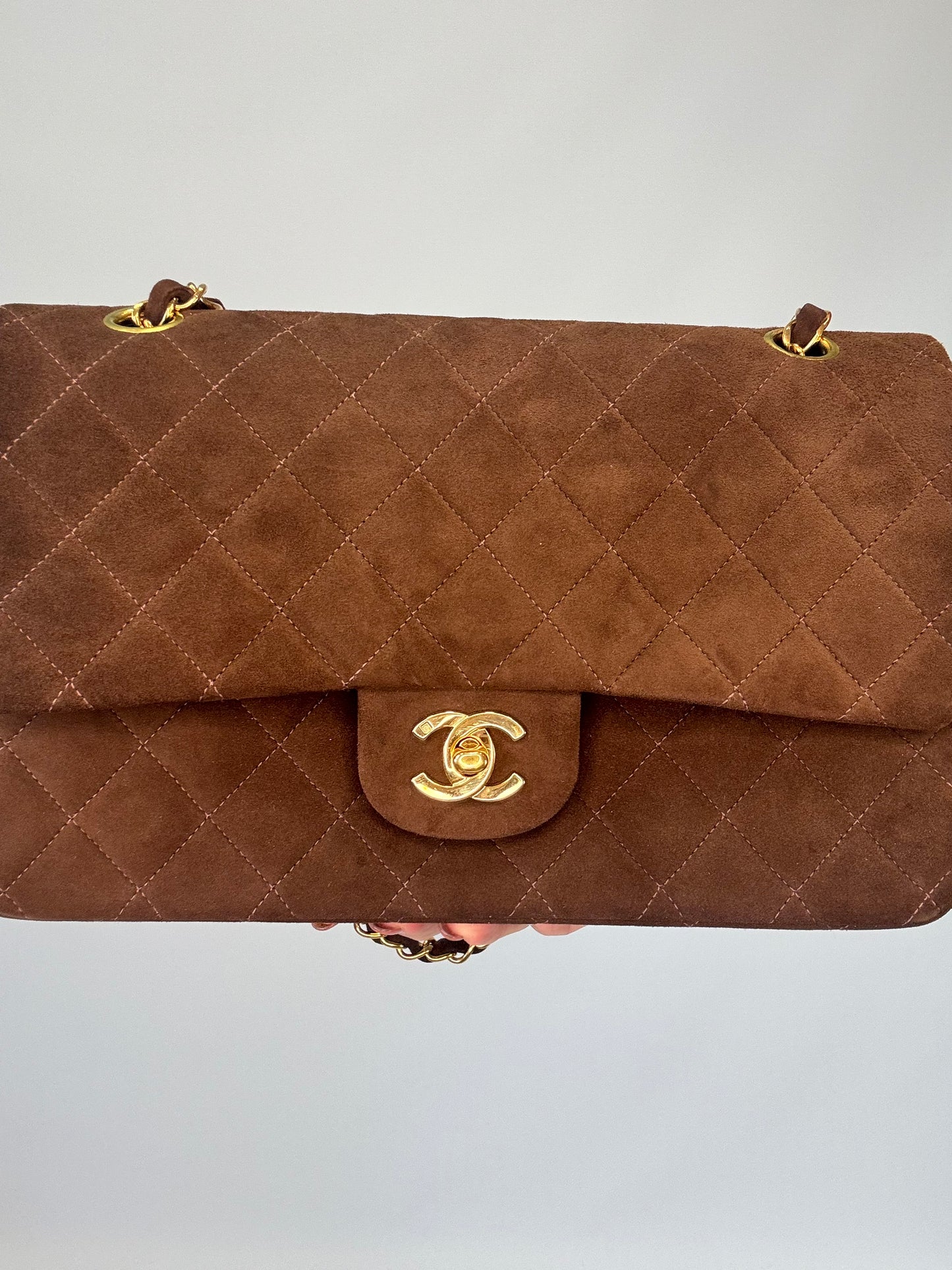 Chanel Brown Quilted Suede Double Flap - Vintage
