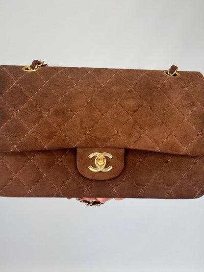 Chanel Brown Quilted Suede Double Flap - Vintage