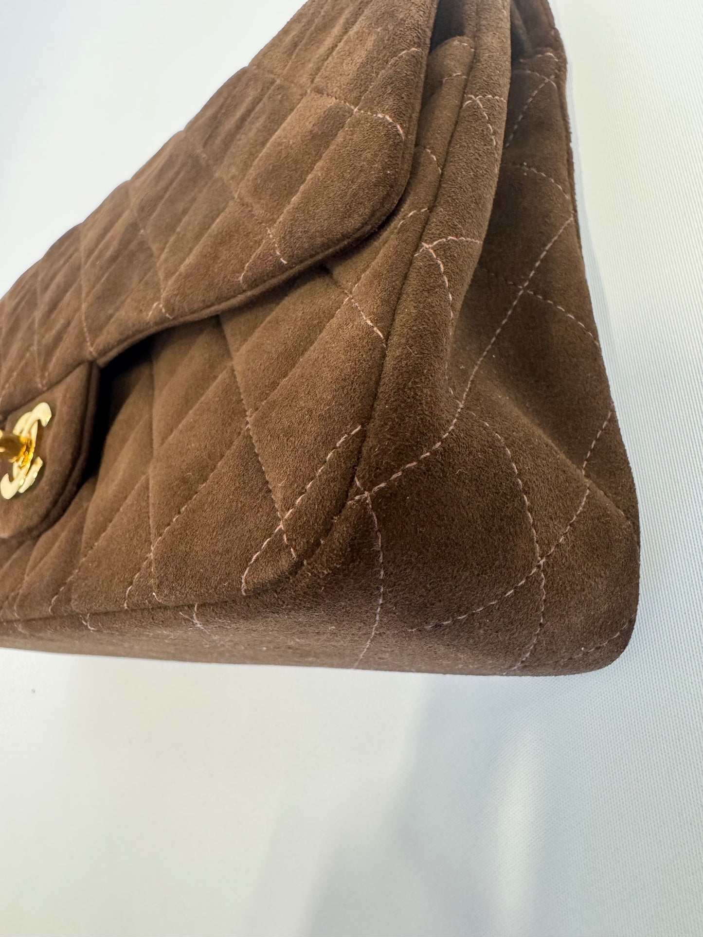 Chanel Brown Quilted Suede Double Flap - Vintage