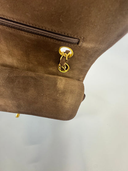 Chanel Brown Quilted Suede Double Flap - Vintage
