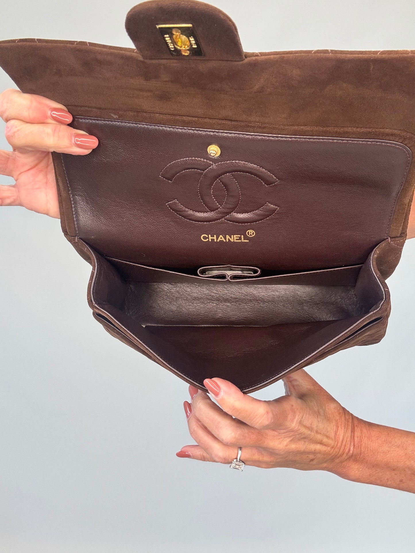 Chanel Brown Quilted Suede Double Flap - Vintage