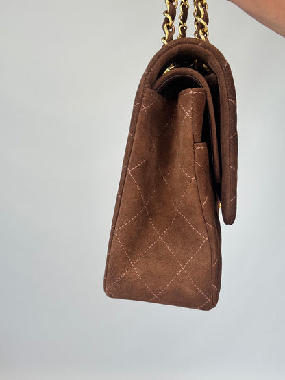 Chanel Brown Quilted Suede Double Flap - Vintage