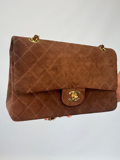 Chanel Brown Quilted Suede Double Flap - Vintage