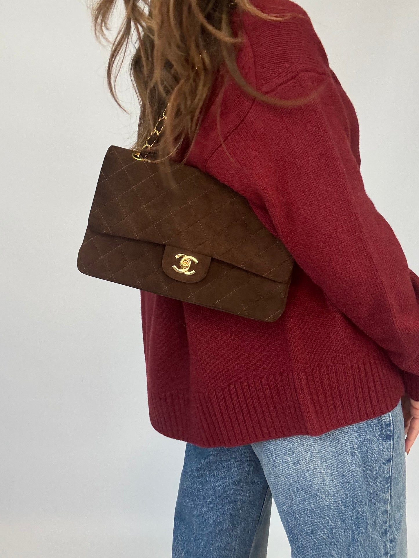 Chanel Brown Quilted Suede Double Flap - Vintage