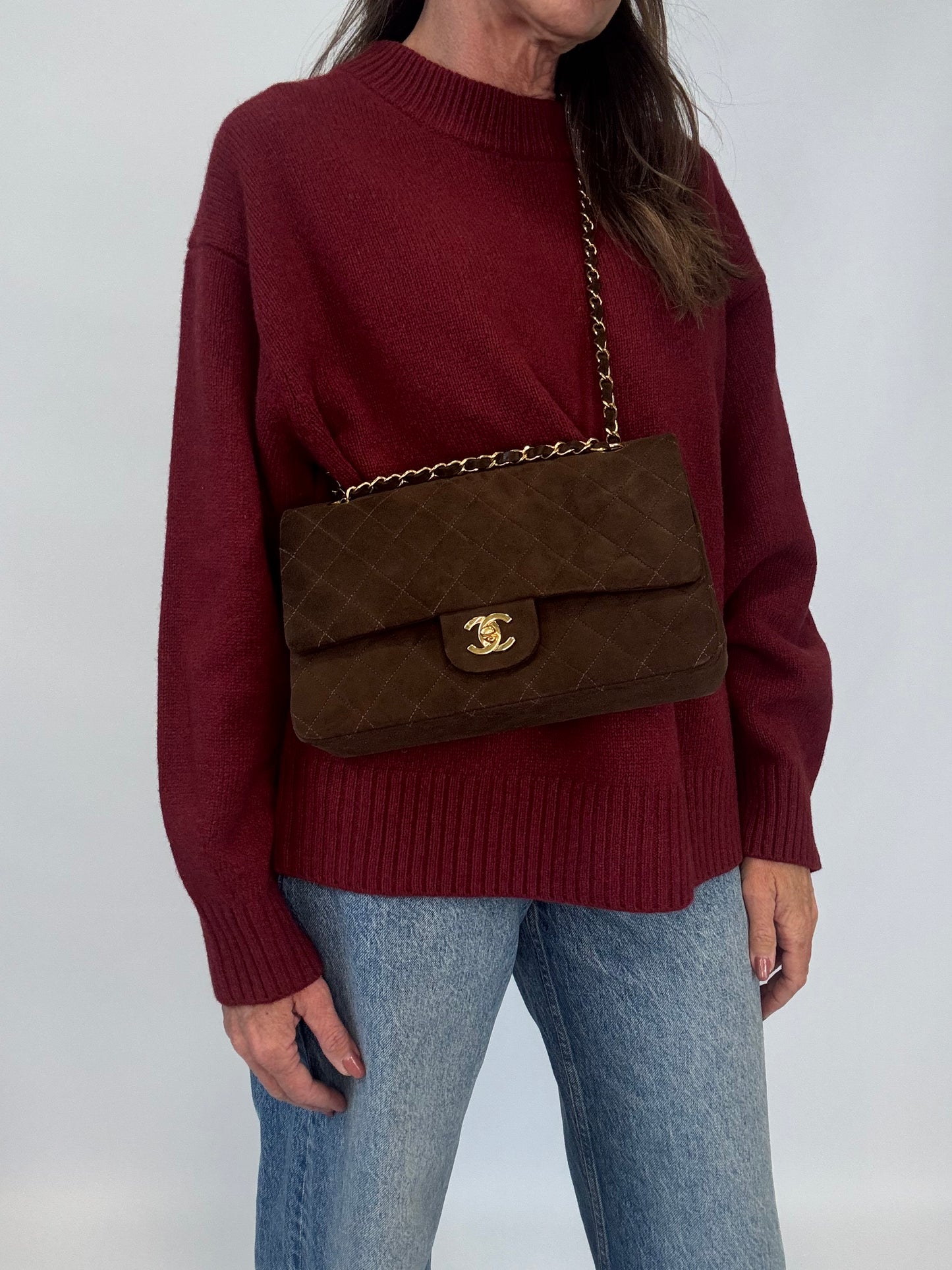 Chanel Brown Quilted Suede Double Flap - Vintage