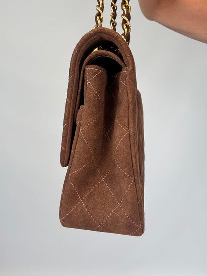 Chanel Brown Quilted Suede Double Flap - Vintage