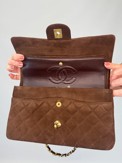 Chanel Brown Quilted Suede Double Flap - Vintage
