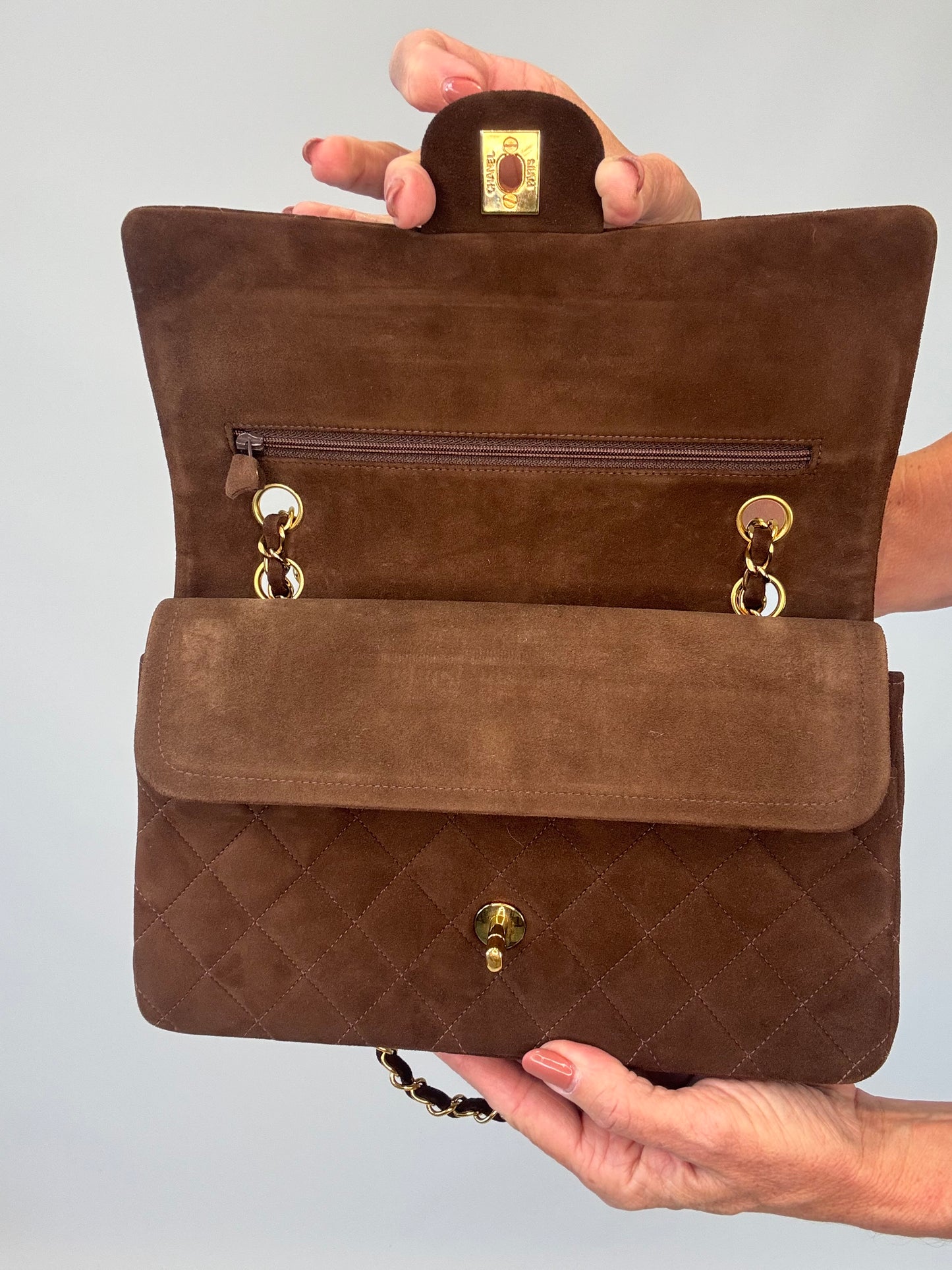 Chanel Brown Quilted Suede Double Flap - Vintage