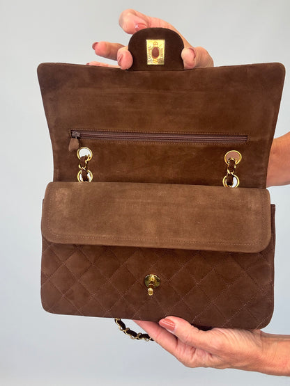 Chanel Brown Quilted Suede Double Flap - Vintage