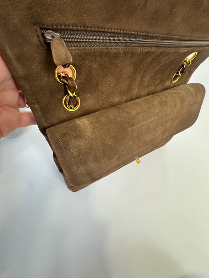 Chanel Brown Quilted Suede Double Flap - Vintage