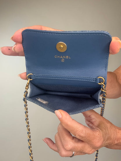 Chanel Denim Quilted CC Pearl Crush Wallet on Chain - WOC Blue