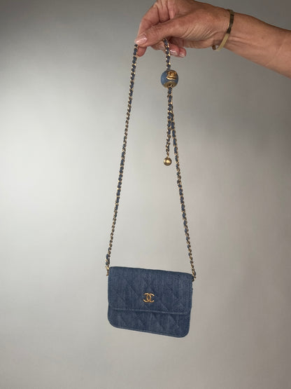 Chanel Denim Quilted CC Pearl Crush Wallet on Chain - WOC Blue