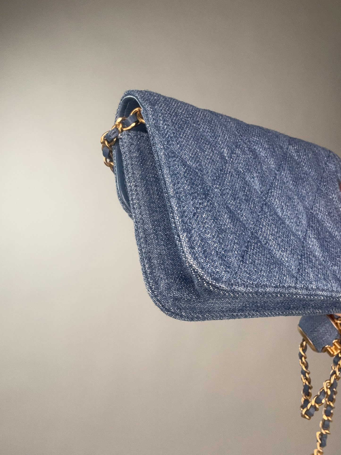 Chanel Denim Quilted CC Pearl Crush Wallet on Chain - WOC Blue