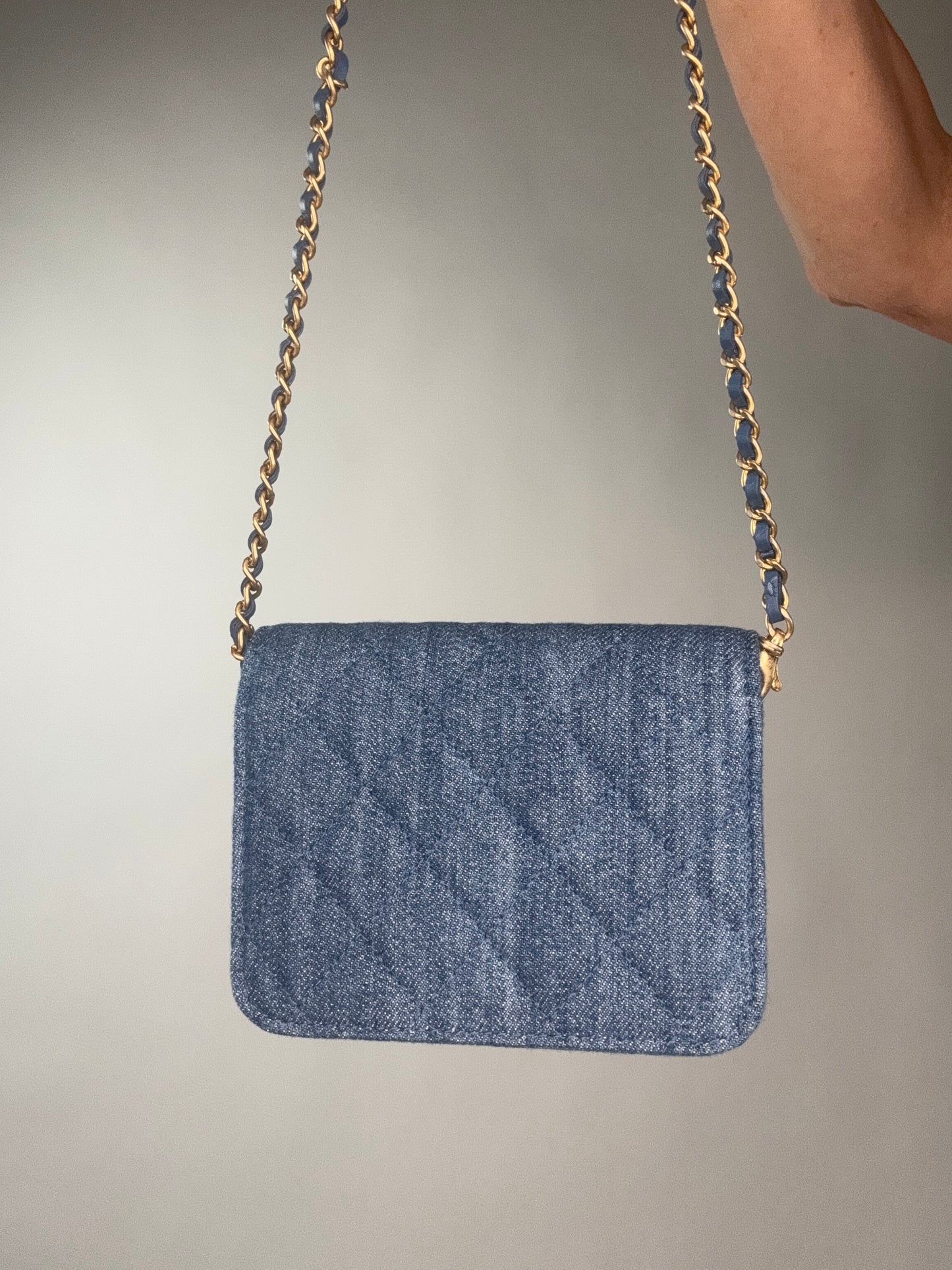 Chanel Denim Quilted CC Pearl Crush Wallet on Chain - WOC Blue