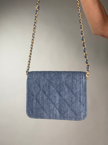 Chanel Denim Quilted CC Pearl Crush Wallet on Chain - WOC Blue