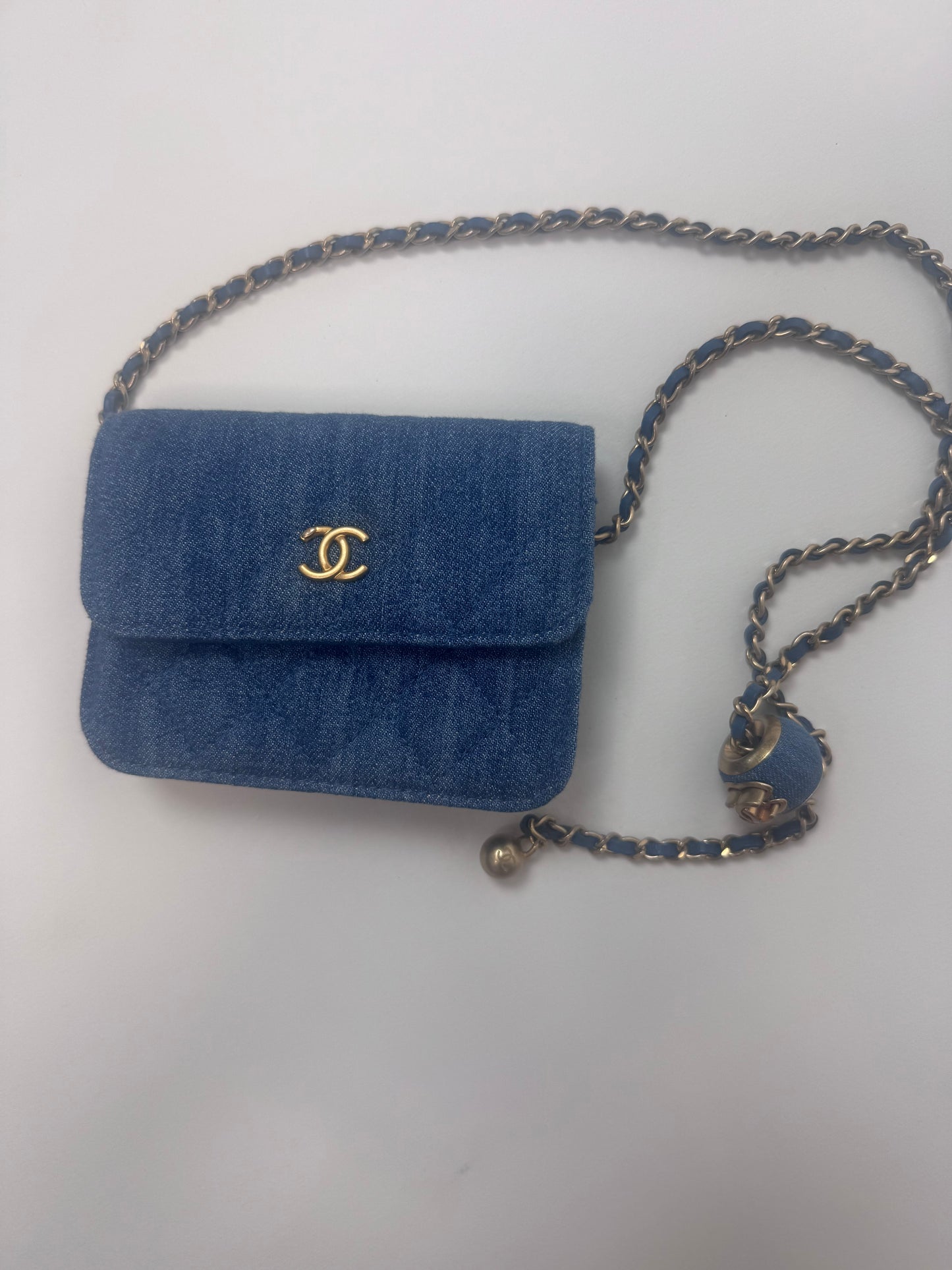 Chanel Denim Quilted CC Pearl Crush Wallet on Chain - WOC Blue