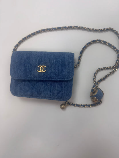 Chanel Denim Quilted CC Pearl Crush Wallet on Chain - WOC Blue