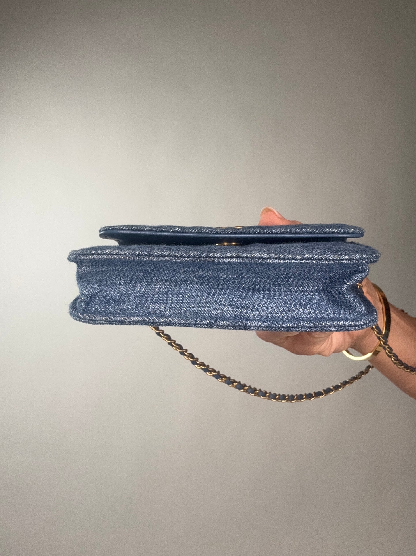 Chanel Denim Quilted CC Pearl Crush Wallet on Chain - WOC Blue