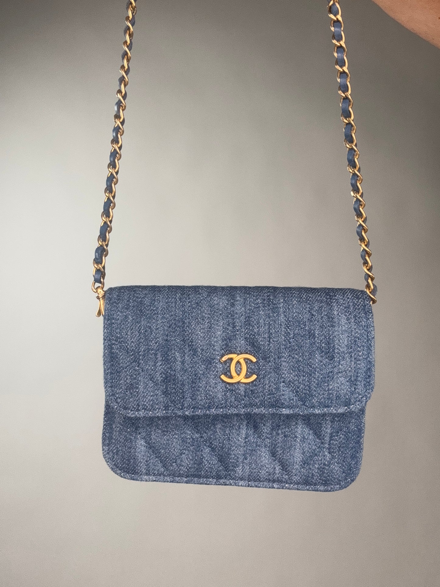 Chanel Denim Quilted CC Pearl Crush Wallet on Chain - WOC Blue