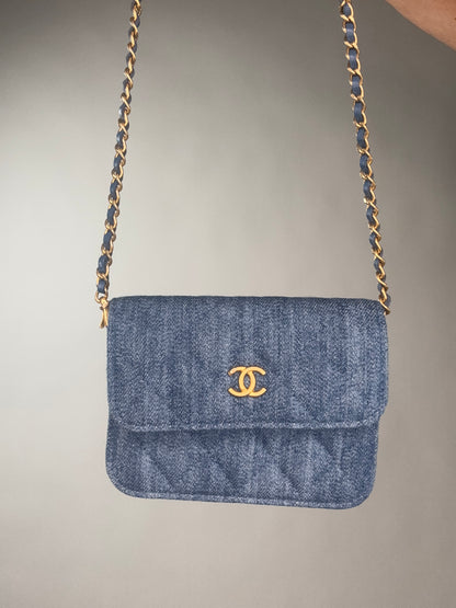 Chanel Denim Quilted CC Pearl Crush Wallet on Chain - WOC Blue