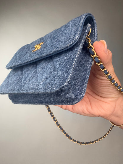 Chanel Denim Quilted CC Pearl Crush Wallet on Chain - WOC Blue