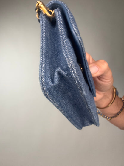 Chanel Denim Quilted CC Pearl Crush Wallet on Chain - WOC Blue