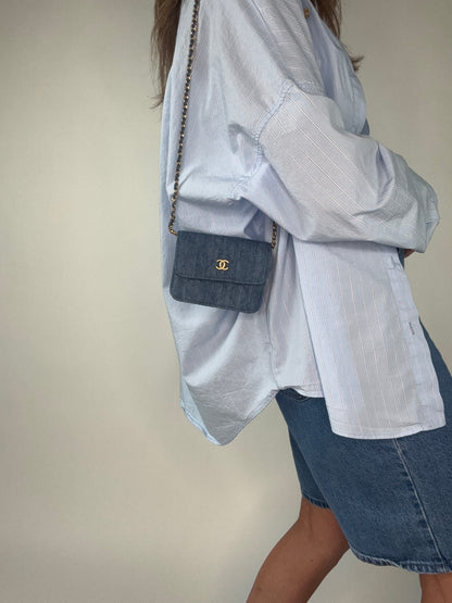 Chanel Denim Quilted CC Pearl Crush Wallet on Chain - WOC Blue