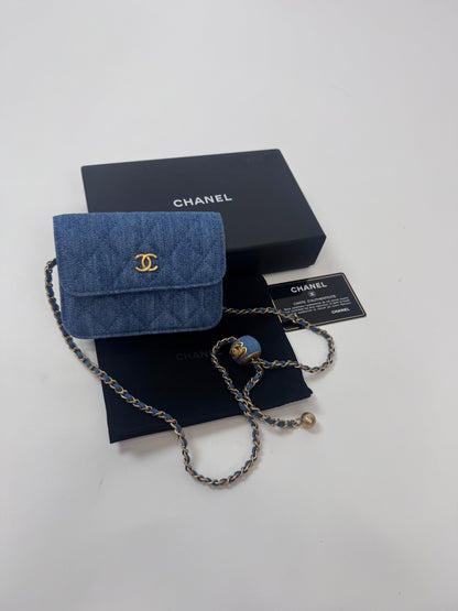 Chanel Denim Quilted CC Pearl Crush Wallet on Chain - WOC Blue