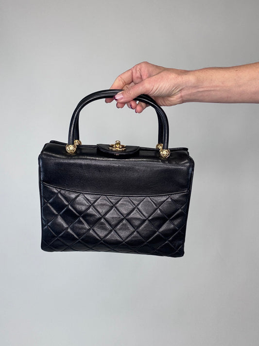 Chanel Lambskinskin Matelasse Top Handle with Top Turn Lock - Black