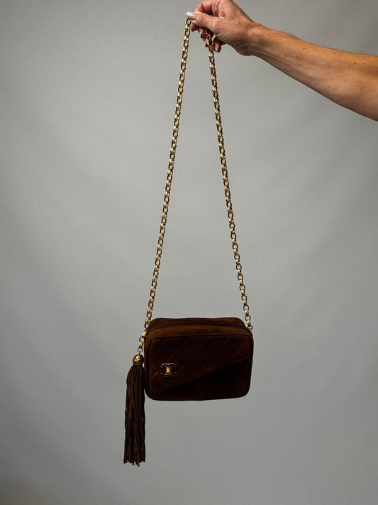 Chanel Quilted Suede Bijoux Chain Camera Tassel Bag - Brown / Vintage