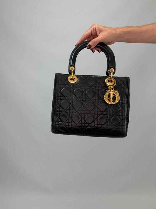 Christian Dior Lambskin Cannage Medium Lady Dior - Black