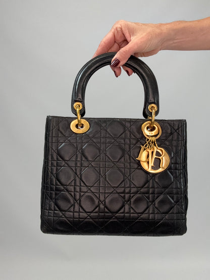 Christian Dior Lambskin Cannage Medium Lady Dior - Black