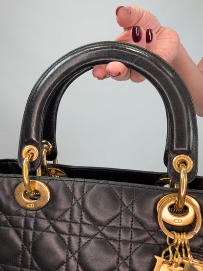 Christian Dior Lambskin Cannage Medium Lady Dior - Black
