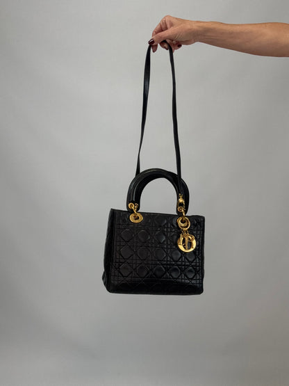 Christian Dior Lambskin Cannage Medium Lady Dior - Black