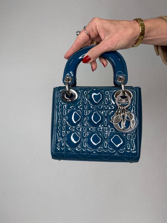 Christian Dior Mini Lady Cannage Patent Leather - Blue