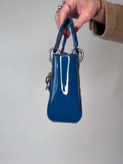 Christian Dior Mini Lady Cannage Patent Leather - Blue