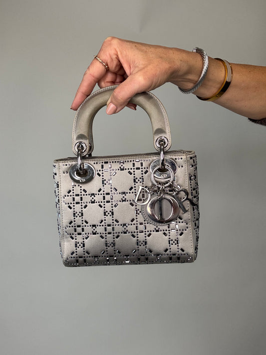 Christian Dior Mini Satin Cannage Crystal Embellished Lady Dior - Silver