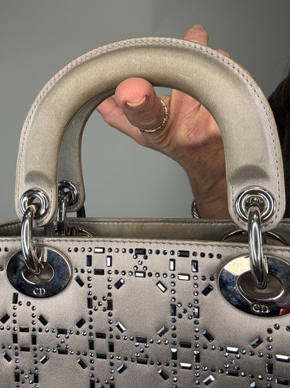 Christian Dior Mini Satin Cannage Crystal Embellished Lady Dior - Silver
