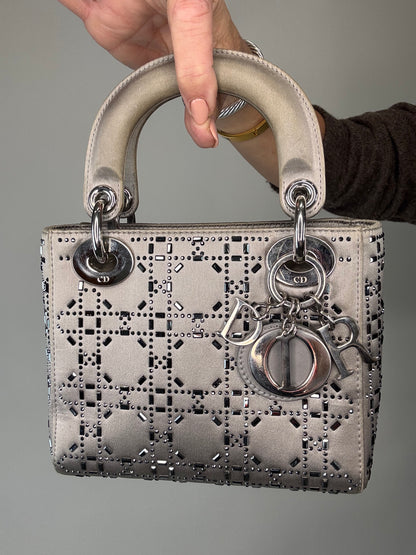 Christian Dior Mini Satin Cannage Crystal Embellished Lady Dior - Silver