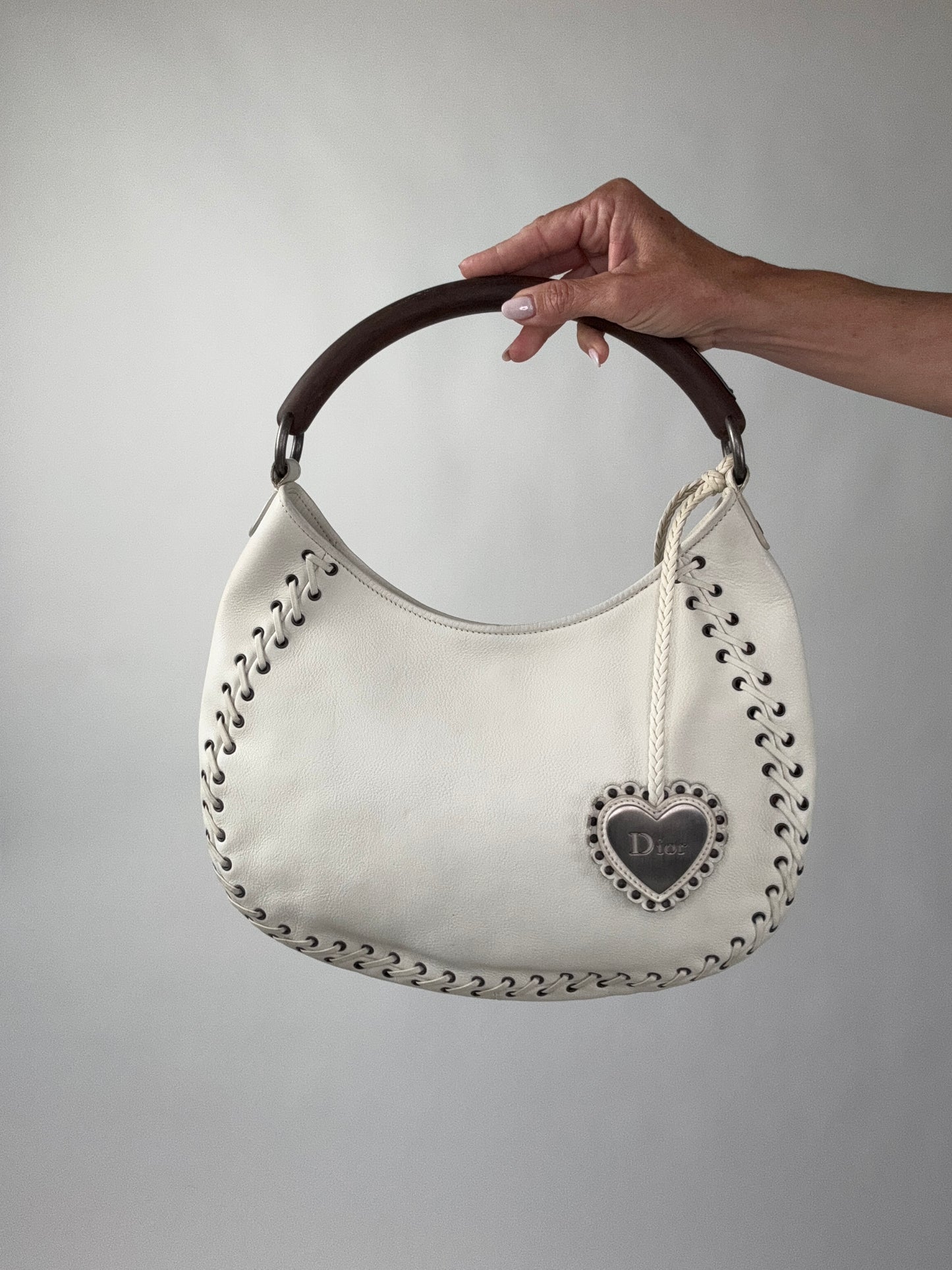 Christian Dior Wood Whip Stitch Hobo Bag - White