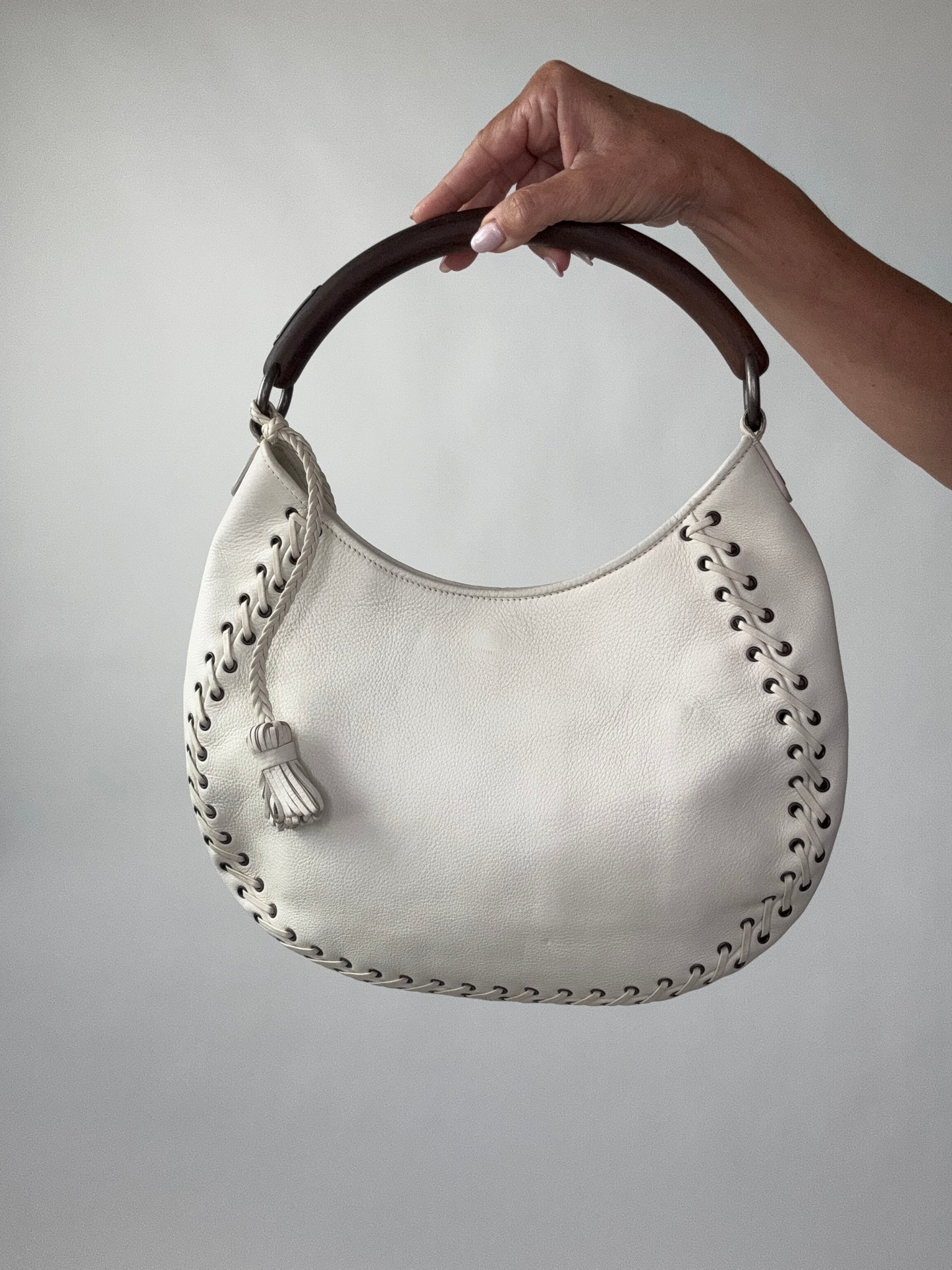 Christian Dior Wood Whip Stitch Hobo Bag - White