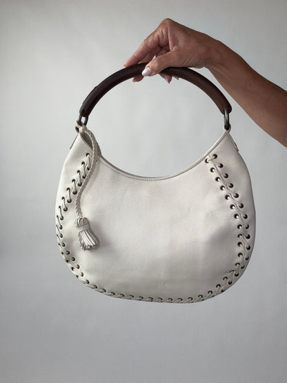 Christian Dior Wood Whip Stitch Hobo Bag - White