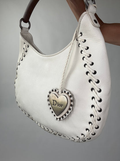 Christian Dior Wood Whip Stitch Hobo Bag - White