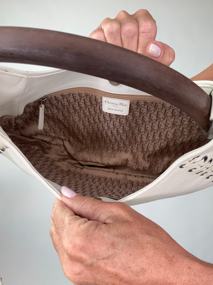 Christian Dior Wood Whip Stitch Hobo Bag - White