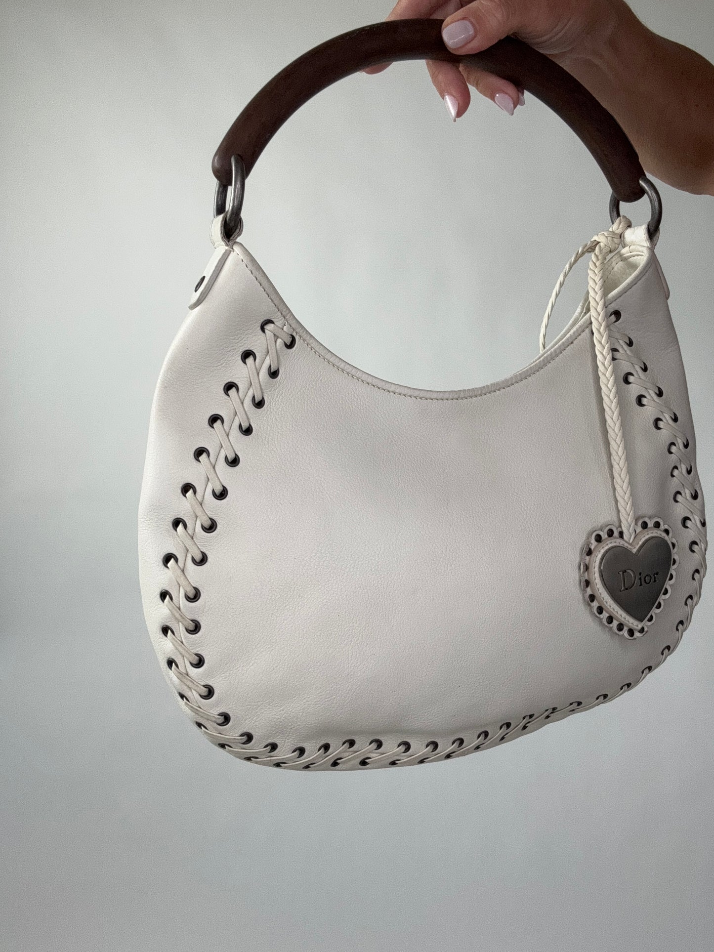 Christian Dior Wood Whip Stitch Hobo Bag - White