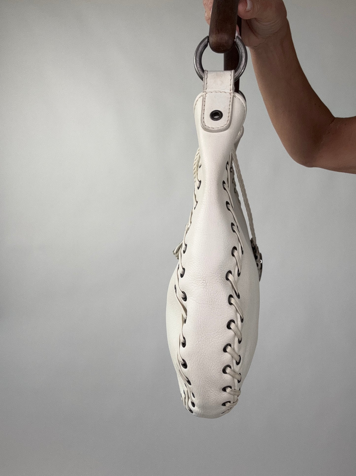 Christian Dior Wood Whip Stitch Hobo Bag - White