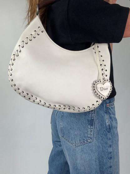 Christian Dior Wood Whip Stitch Hobo Bag - White