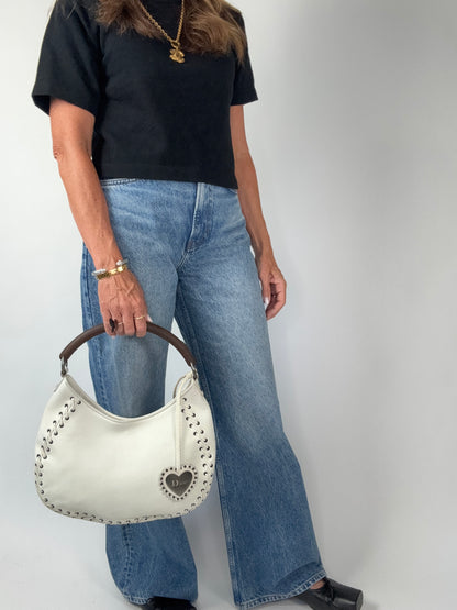Christian Dior Wood Whip Stitch Hobo Bag - White