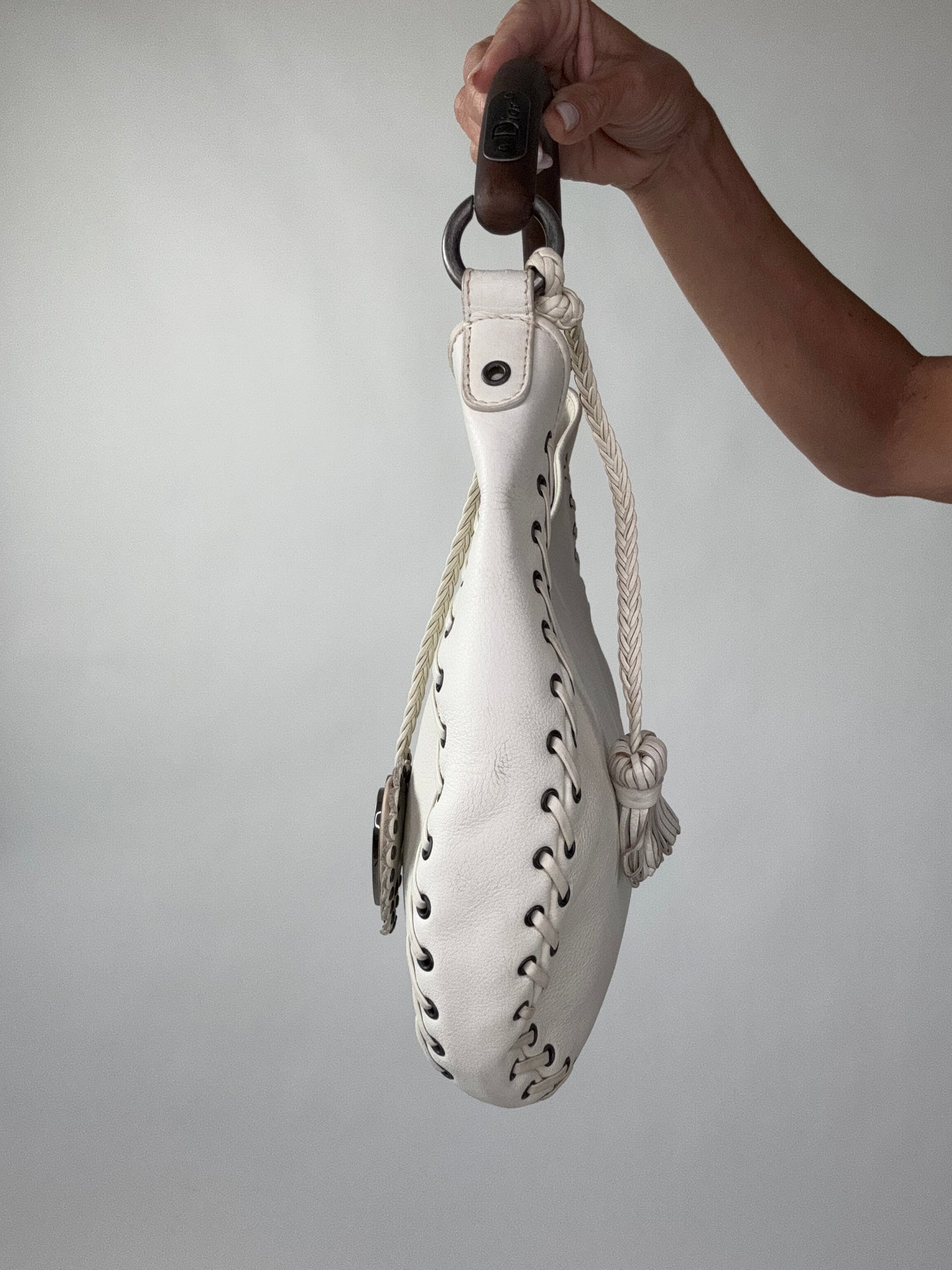 Christian Dior Wood Whip Stitch Hobo Bag - White